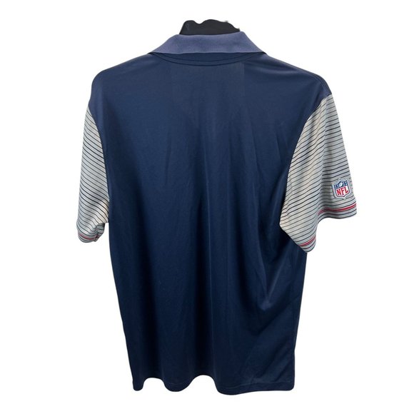 Nike Dri-Fit NFL Patriots Navy Polo Shirt Striped Sleeves Logos Mens L Golf - Picture 3 of 5